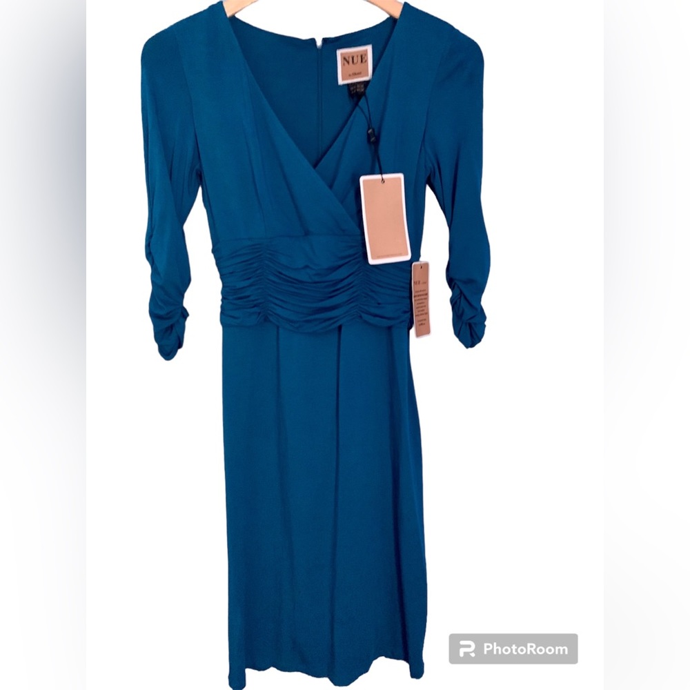 NUE By Shani Blue Midi Dress Body Architecture Ruched NWT Size 4
